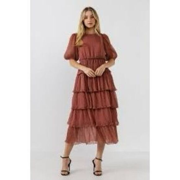 English Factory Size L Tiered Ruffled Midi Dress Mauve Brown Swiss Dot Flouncy - Picture 1 of 16